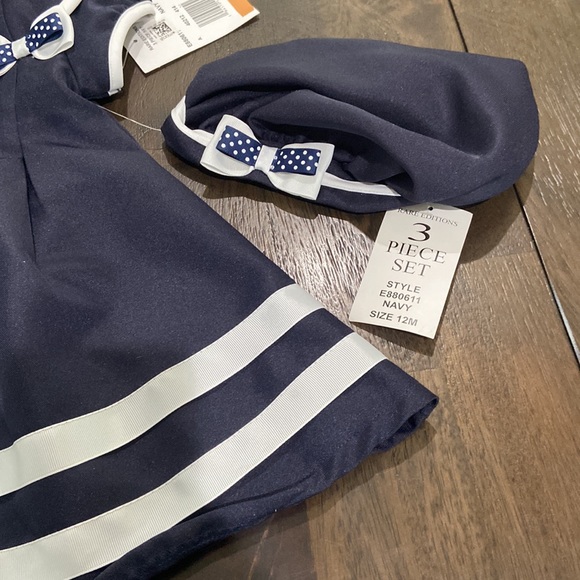 Rare Editions 3 piece 12 month navy and white sailor dress, hat, and bloomers 💕 - Picture 2 of 11